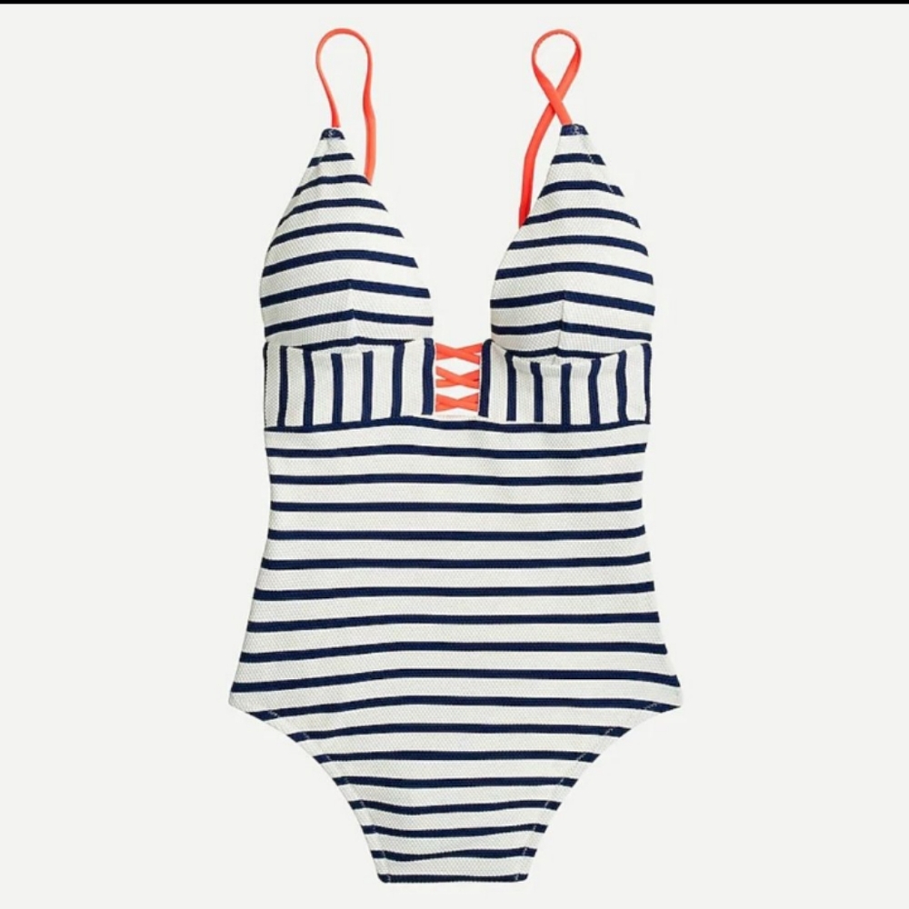 🆕 J.Crew | Striped Criss Cross Straps Textured 1 Piece Swimsuit Women's Size 2